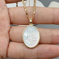 Mother of Pearl Oval St. Michael Archangel Pendant Necklace Protection Amulet Religious Jewelry for Women