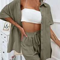 Fashion Shorts Solid Color Shirts Set Womens Two Peice Sets Short-sleeved Casual Loosesingle-breasted Women's 2 Piece Sets