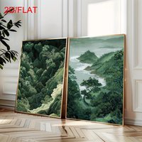 2pcs Modern Green Forest Mountain Canvas Wall Art, Unframed Minimalist Wabi Sabi Japanese Wall Art Poster for Living Room Decor