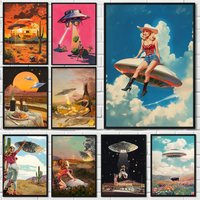 Retro Cartoon Abstract Funny UFO Alien with Woman Poster Canvas Art Painting Prints Home Room Wall Picture Decoration Gift