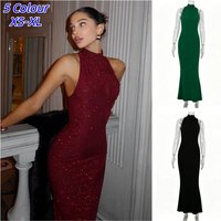 New Retro Women's Elegant Shiny Party Bodycon Robes Sexy Slim Sequins Red Sleeveless Long Robe Fashion Solid Maxi Gown Dresses