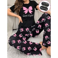 Women's new style bow print short-sleeved trousers two-piece casual comfort home wear eye mask pajamas set