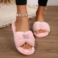Pink Crystal Butterfly Furry Fur Slippers for Women Winter 2025 Cozy Warm Short Plush Indoor Shoes Woman Soft Sole Home Slides