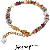 Yhpup Hochwertiger Naturstein Perlenkette Edelstahl Luxus Armband Armreif für Frauen Wasserdicht Trendiger Schmuck Geschenk