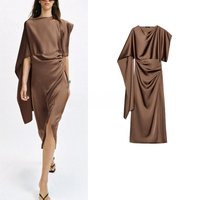 Summer New Women's Zipper round Neck Short Sleeve Layered Decorative Midi Dress Ins Style Fashion Polyester Straight Tube Skirt