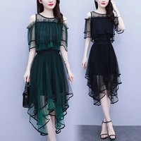 2026 Summer Thin Large 4XL Women's Fashion Mesh Off Shoulder Top Elastic Waist Skirt Two Piece Set Female Chiffon Splicing Sets