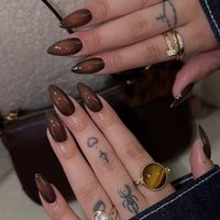 24pcs Black Brown Smudging False Nails Autumn Winter Glossy Almond Fake Nail Tips Full Cover Simple Daily Press On Nail For Girl