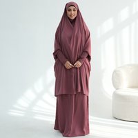 Lady Prayer Velvety Satin Jilbab 2 Piece Set-Smocked Cuff Extra Long Overhead Abaya, Side Pockets Elastic Drawstring Waist Skirt