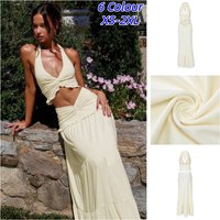 Sexy Halter Vest Skirt Sets Women Solid Crop Bikini Top Long Pleated Party Skirts Hollow Out Summer Lady Vacation Beach Outfit
