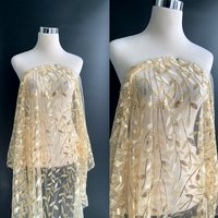 Champagne Gold Black Blue Sequin tree Leaf Embroidered fabric clothing dress gauze material fabric