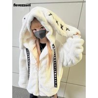 Nerazzurri Winter Sweet Cute Kawaii Soft Thick Warm White Faux Fur Coat Women with Bunny Ears Cute Fluffy Jacket Hoodie 2024