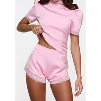 Women's Satin Lace Trim 2-Piece Set – High Neck Puff Shoulder Blouse & Low Waist Shorts, 2026 Spring/Summer Outfit
