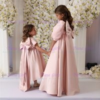 Customisable Elegant Flower Girl Dress Quality Pink Satin Fluffy Big Bow For Kids Wedding Birthday Party Evening Ball Gowns
