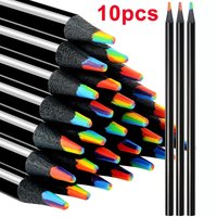 10pcs 7 In 1 Color Black Rainbow Core Colored Pencil Drawing Sketching Tools Wooden Pen Art Supplies Stationery School Supplies