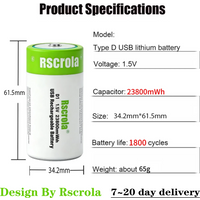 1.5V D Cell Rechargeable Li-ion Battery LR20 USB-C Fast Charging 23800mWh High Capacity 1800 Cycles for Gas Stoves Flashlights