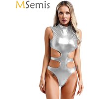 Women Rave Club Pole Dance Leotard Shiny Metallic Sleeveless Stand Collar Cut Out Bodysuit Catsuit Pool Party One Piece Swimsuit