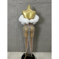 Elegant White Tulle Puff-Shoulder Gown Sexy Performance Costume Singer Stage Nightclub Glamorous Formal Event Attire