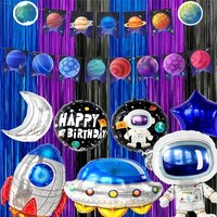 7Pcs Blue Purple Black Metallic Foil Fringe Backdrop Space Game Birthday Halloween Graduation Party Decor