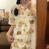 Rilakkuma Cute Pajama Set Summer Sleepwear 2 Pieces Short Sleeve Short Pant Indoor Wear Kawaii Homewear