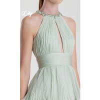 Lily Sage Green Halter Evening Dress Beaded Neck with Keyhole Cutout Tiered Pleated Chiffon Formal Prom Dress Colors Customized