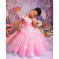 Customized Pink Flower Girl Dresses For Wedding Appliques Butterflies Pearls Cute Kids Birthday Party First Communion Gown