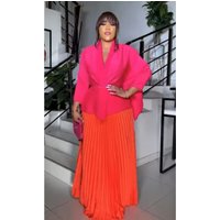Miyake Elegant Party 2 Piece Set Women Belt Batwing Sleeves Tops A-line Solid Color Long Dresses Fashion Autumn New Sets