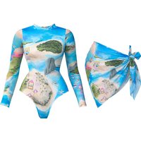 2Pcs Long Sleeve Swimsuit With Sarong Women Sexy Bikini Push Up Swimwear Printed Swim Suit Biquini Surf Bathingsuit Beachwear