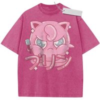T Shirt Sports T Shirt Short Sleeve T Shirt Rose Red Unisex Pure Cotton Washed Vintage Pokemon Jigglypuff Anime Print