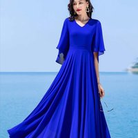 Women Summer Dress Swing Solid New Mid Sleeve Dancing Chiffon Bohemian Vacation Beach Long Elegant Ladies Party Dresses Vestidos