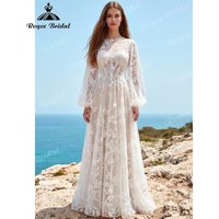 Bohemian Floral Embroidered Lace Wedding Dress Long Lantern Sleeves A-Line Bridal Gown for Beach Wedding Customized