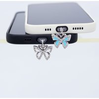Mobile phone dust plug pendant beautiful rhinestone butterfly bow accessory decoration for iPhone 17 type-c port gift lanyard