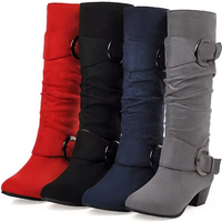 Lady Buckle Wedges Heels Knee Boots Long Shoes Round Toe Flock Sewing Botas Warm Winter Zapatos Tacon Wide Fitting 43-34 Black