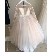 White 3-9 Years Lace Long Tulle Flower Girl Dress Up Buttons Bows For Girls Formal Children's First Communion Ball Gown Wedding