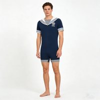 Men Short Sleeve Button Crotch Navy Sailor Bodysuit Pajamas Romper Halloween Theme Party Cosplay Costume Sleepwear Homewear