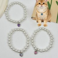 Fashionable Cat and Dog Pet Pearl Necklace with Colorful Heart Pendant Cat Neck Collar Cute Pet Elastic Rope Bead String Collar