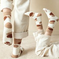 Coral Fleece Women Winter Warm Kawaii Socks Cartoon Cat Paw Fluffy Plush Dot Striped Patterned Mid Calf Home Floor Socks