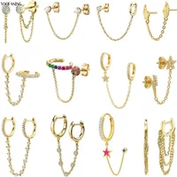 YUXINTOME 1PC 925 Sterling Silver Ear Needle Colorful Zircon Chain Tassel Hoop Earrings for Women Two Holes Earring Jewelry A45