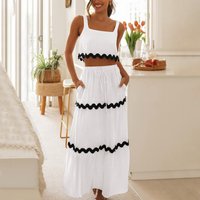 Square Neck Cropped Tank Top Tiered Maxi Skirt Two Piece Set For Women