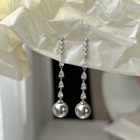 Silver Color Long Tassel Gray Pearl Pendant Earrings For Women Elegance Temperament Shiny Zircon Jewelry Mother's Day Gift