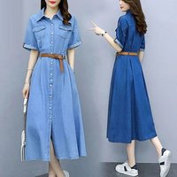 Vintage Denim Shirt Dress Female 2026 Summer New Korean Fashion Slim Short Sleeve A-line Dress With Belt Casual Women's Clothing