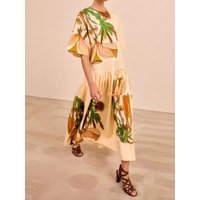 Retro Printed Women 100% Cotton Midi Dress Half Sleeve Round Neck Loose Female Robe