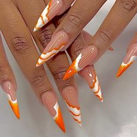 24pcs Lines Wave Design Full Cover Nail Tips Simple Long Stiletto Fake Nails Reusable Simple Orange Almond Press on False Nails
