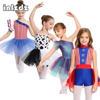 Kids Girls Rhinestone Ballet Dance Dress Stars Striped Sleeveless Tulle Skirted Leotard for Lyrical Performance Competition