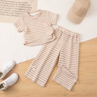 Girls' Fashion Knitted Elastic 2-Piece Set, Summer Short Sleeve Top & Bow Tie Long Pants, 3-8 Years, Holiday Travel Party Gift