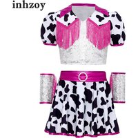 Children Girls Cowgirl Costume Jazz Dance Outfit Cow Print Sequin Crop Top with Culottes Tassel Cuffs for Halloween Carnival