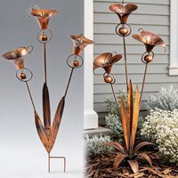 Flamed Copper Three Calla Lilies Garden Stake with Bells Handmade Metal Triple Bluebells Garden Stakes Outdoor Yard Sculptures
