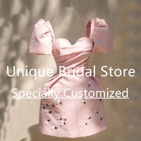 Customized Pink Mini Satin Cocktail Dresses Short Sleeve Applique Draped Prom Dress Sweetheart Backless Zipper Sexy Homecoming G