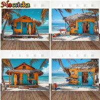 Mocsicka Summer Beach Background Wooden House Tree Ocean Surf Party Decoration Baby Shower Girl Boy Backdrops Photography Banner
