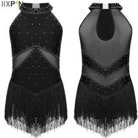 Kids Girls Fringed Latin Jazz Dance Leotard Dress Rhinestones Sheer Mesh Patchwork Tassel Bodysuit Ballroom Party Gown Costume