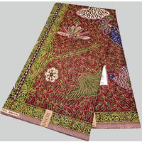 46Inch * 6Yards Green Leaves Printed Red African Cotton Batik Fabric Wax Fabric for Sewing Clothes Pants Cushion Covers R2322